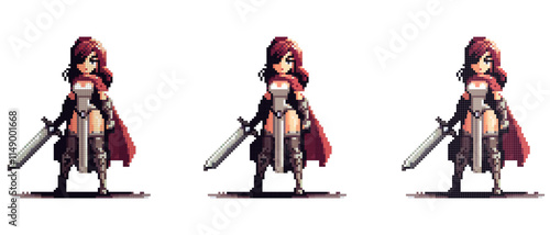 Fierce female warrior in exquisite armor, confident with a big sword on a white background, in pixel style