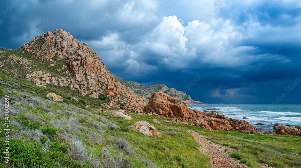 Obraz premium Scenic Coastal Landscape with Dramatic Sky and Rocky Outcrops