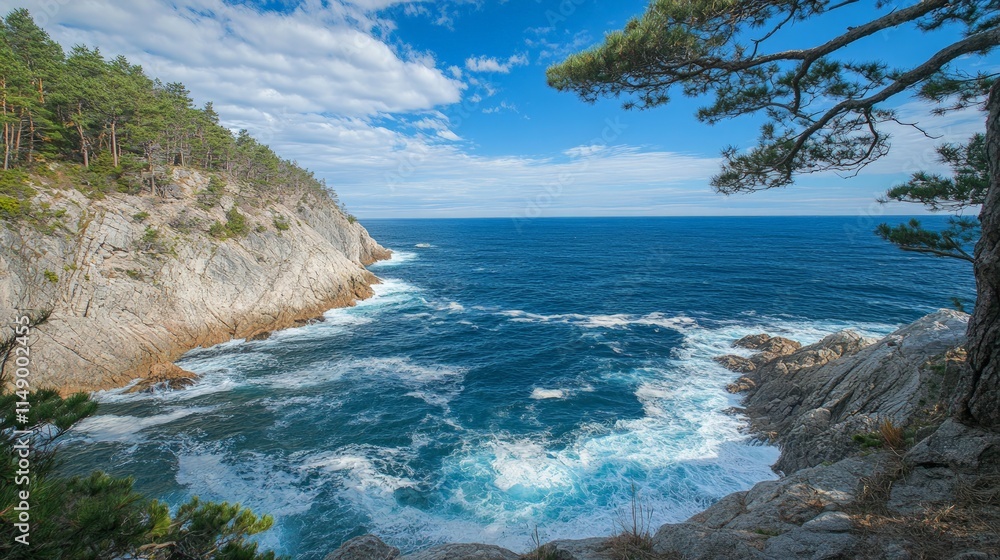Coastal Landscape with Rocky Shoreline and Calm Blue Waves Coastal Landscape with Rocky Shoreline and Calm Blue Waves