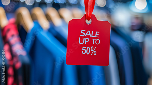 Red sale tag offering up to 50% discount in clothing store photo