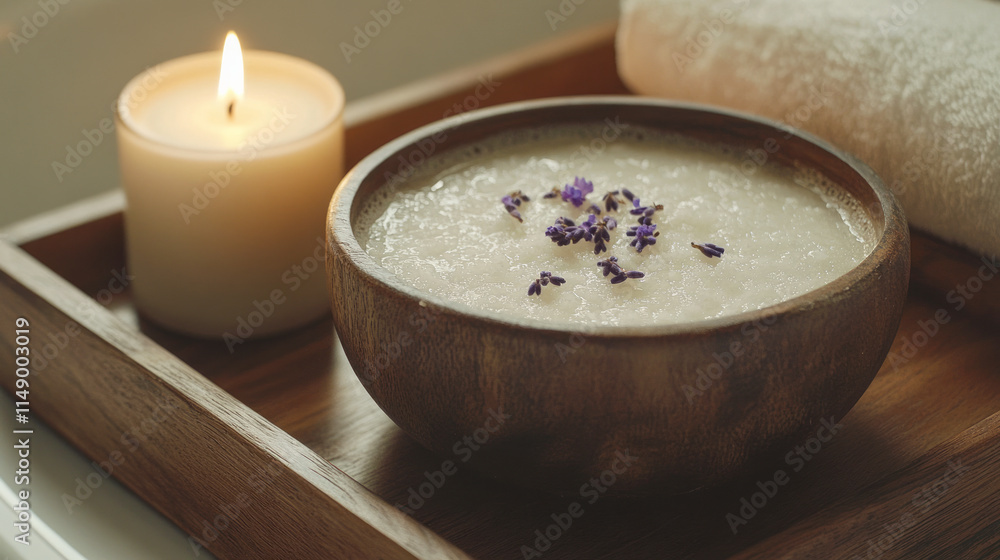 Relaxing spa setting with wooden bowl of lavender rice pudding and lit candle