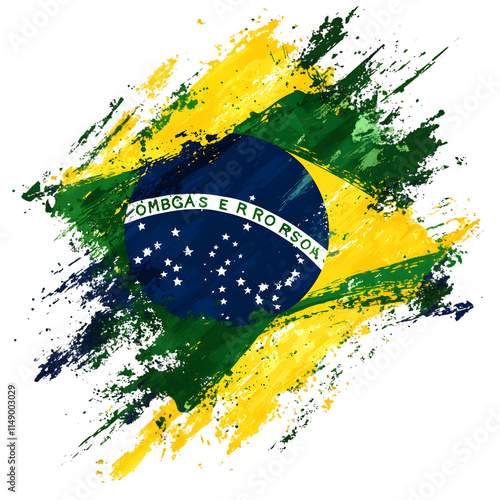 Vibrant Brazil Flag Abstract Design with Colorful Brush Strokes and Artistic Splashes
