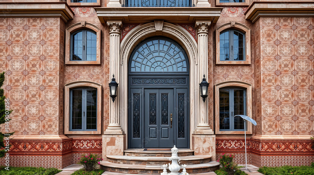 Obraz premium Residential Building Entrance with Ornate Facade and Double Door