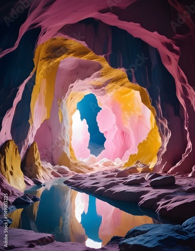 A large cosmic portal in the middle of an ancient pink cave, the walls made out with rocks, the ground is reflective white, magical and iridescent light reflections, high detail photo