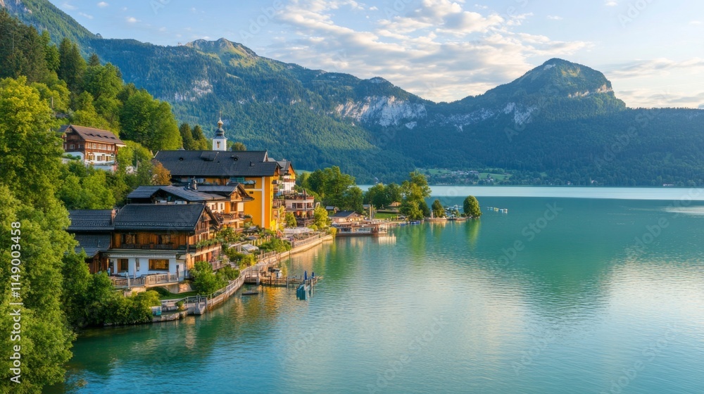 Fototapeta premium Serene Alpine Lake Village: Picturesque Houses by the Water