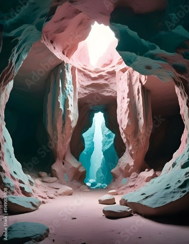 A large cosmic portal in the middle of an ancient pink cave, the walls made out with rocks, the ground is reflective white, magical and iridescent light reflections, high detail photo