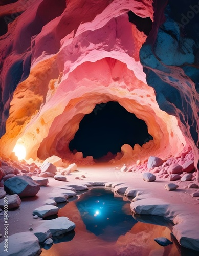 A large cosmic portal in the middle of an ancient pink cave, the walls made out with rocks, the ground is reflective white, magical and iridescent light reflections, high detail photo