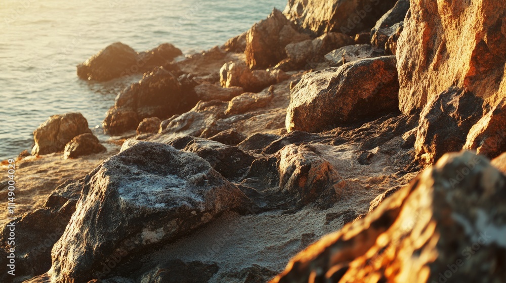 Serene Coastal Scene with Sunlit Rocks and Gentle Waves Serene Coastal Scene with Sunlit Rocks and Gentle Waves