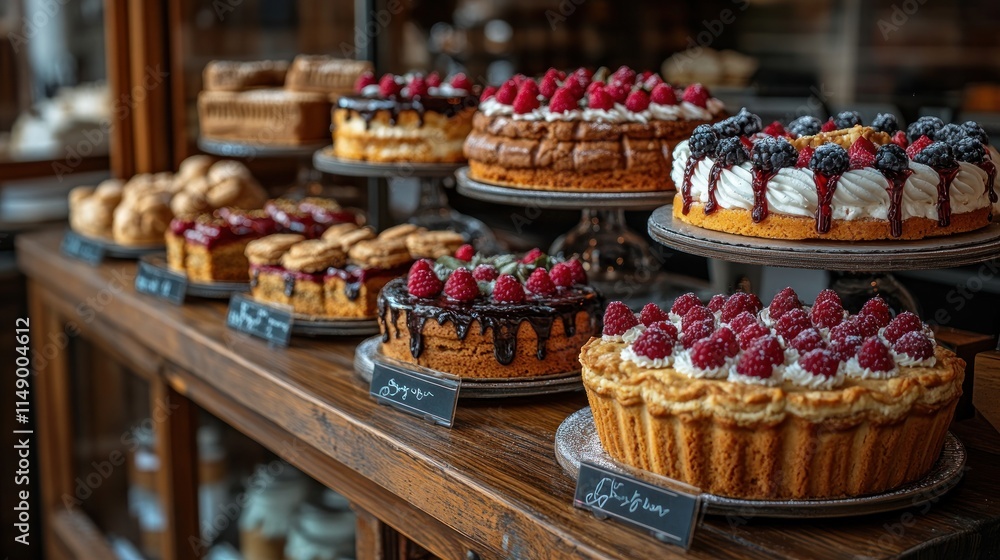 A display of various delicious cakes and pastries in a bakery setting. A display of various delicious cakes and pastries in a bakery setting.