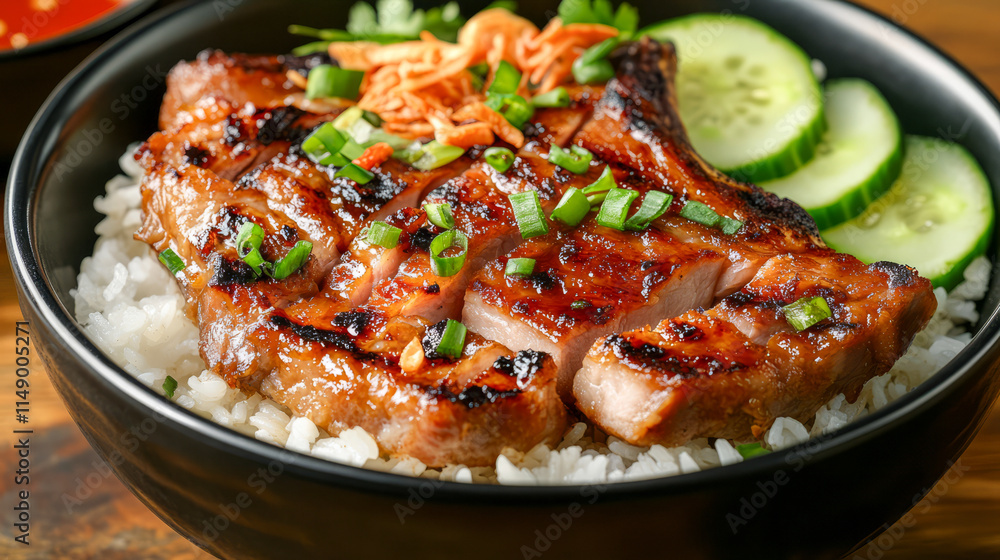 Grilled pork rice bowl with cucumber slices and scallions Grilled pork rice bowl with cucumber slices and scallions