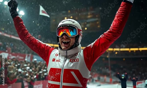 A jubilant skier celebrates victory in a snowy environment, surrounded by cheering fans.