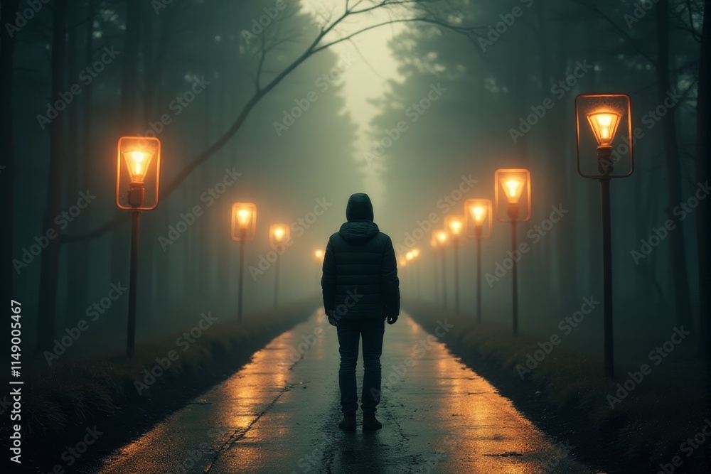 A person standing at a crossroads with glowing signs symbolizing choices A person standing at a crossroads with glowing signs symbolizing choices