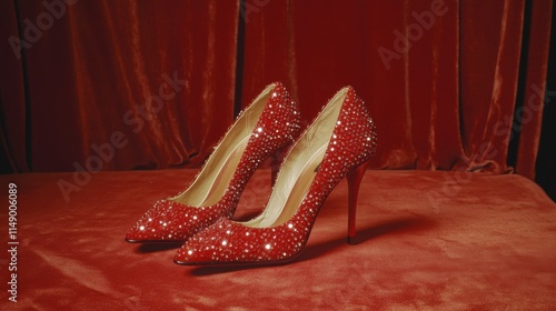 Tableau sur toile Glittering Red High Heels on Luxurious Red Velvet Background