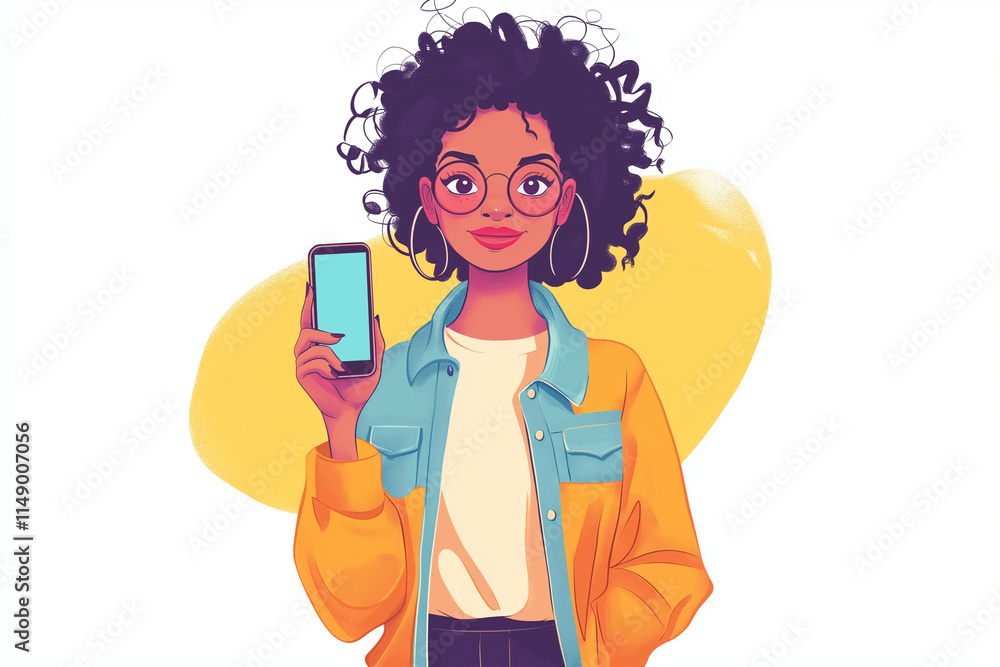 Moderne Frau mit buntem Haar und Smartphone im trendigen Grafikstil
Moderne Frau mit buntem Haar und Smartphone im trendigen Grafikstil