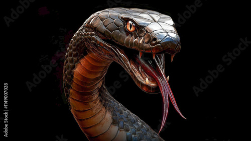 Close-up of a vicious black mamba with open mouth and vivid scales on black background