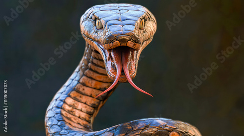 Close-up of a threatening cobra with fangs and tongue out photo