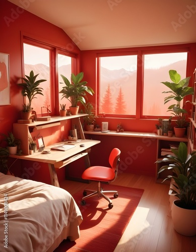 Elevation rendering of a Z-shaped study table with built-in wall seating in a simple cabin bedroom. The room boasts a bed, lovely accents, and thriving houseplants. Abundant natural light from an expa photo