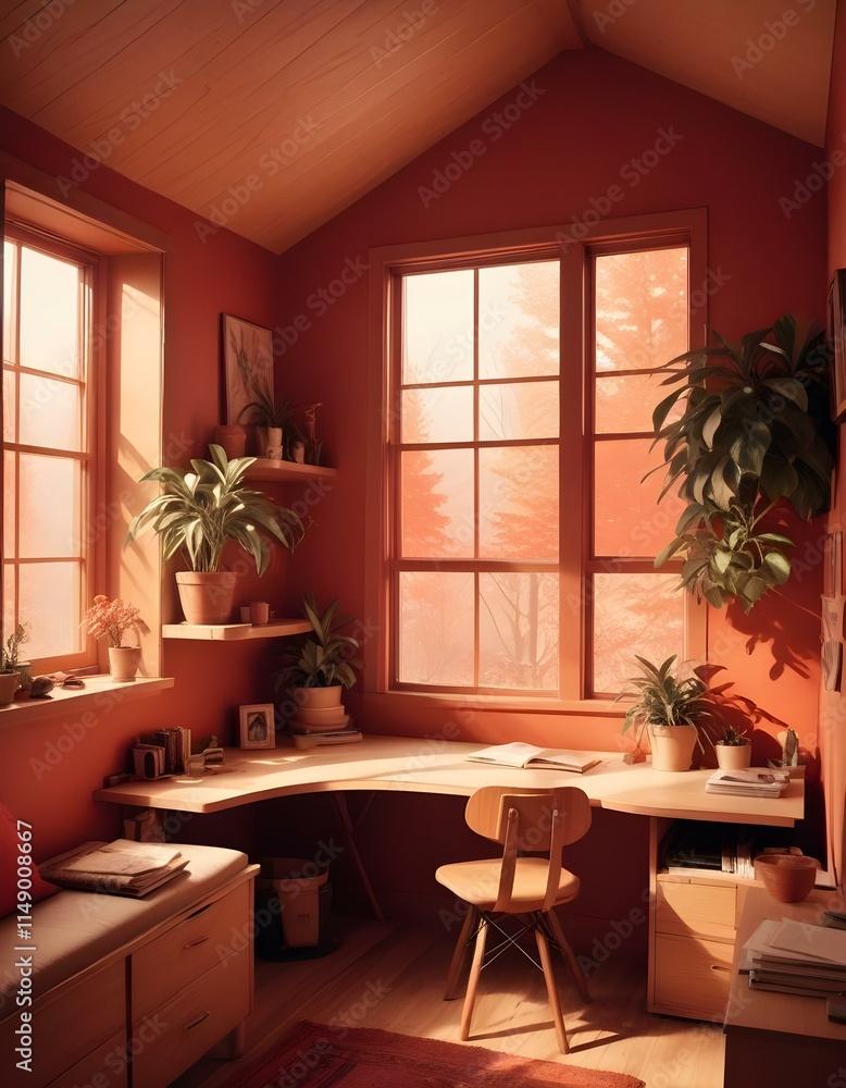 Elevation rendering of a Z-shaped study table with built-in wall seating in a simple cabin bedroom. The room boasts a bed, lovely accents, and thriving houseplants. Abundant natural light from an expa Elevation rendering of a Z-shaped study table with built-in wall seating in a simple cabin bedroom. The room boasts a bed, lovely accents, and thriving houseplants. Abundant natural light from an expa
