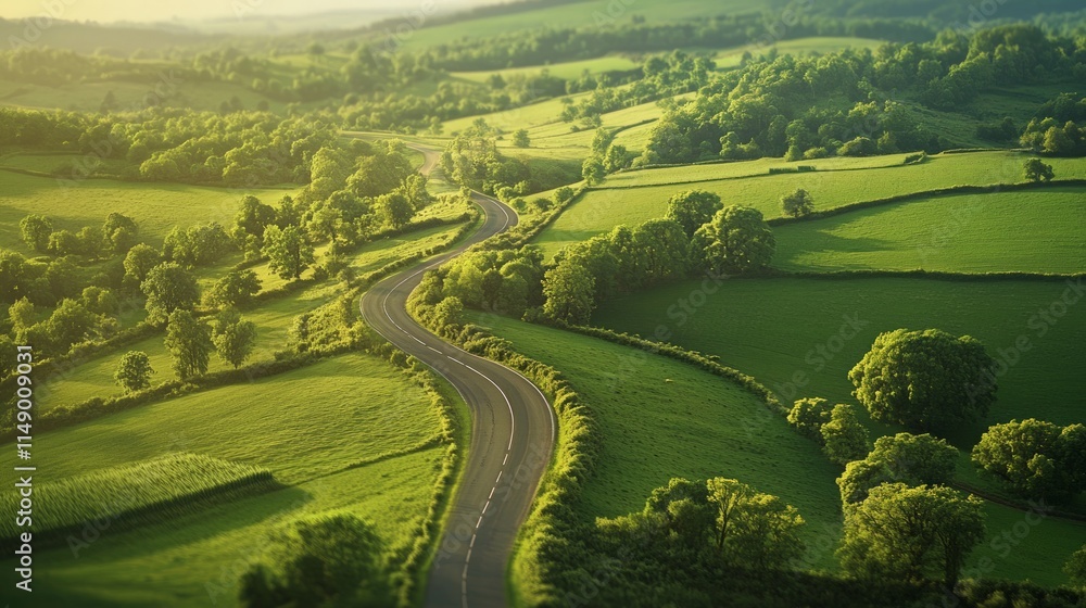 Fototapeta premium Scenic Aerial View of Winding Road Through Lush Green Landscape
