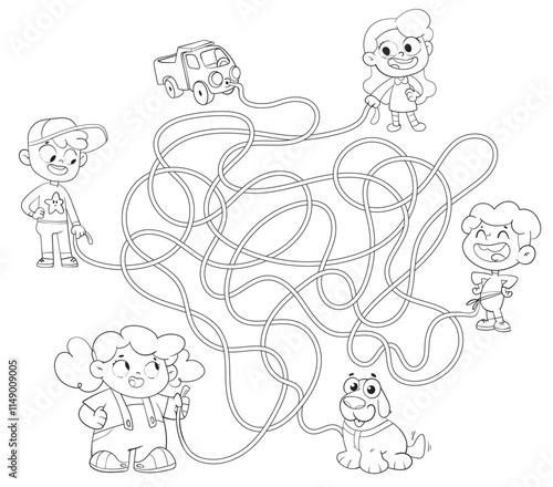 Children logic game to pass the maze. Educational game for kids. Choose right path. Funny cartoon character. Worksheet page. Black and white cartoon character. Funny vector illustration. Coloring book