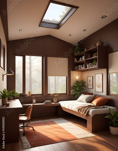 Elevation rendering of a Z-shaped study table with built-in wall seating in a simple cabin bedroom. The room boasts a bed, lovely accents, and thriving houseplants. Abundant natural light from an expa photo