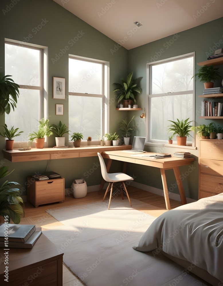 Elevation rendering of a Z-shaped study table with built-in wall seating in a simple cabin bedroom. The room boasts a bed, lovely accents, and thriving houseplants. Abundant natural light from an expa Elevation rendering of a Z-shaped study table with built-in wall seating in a simple cabin bedroom. The room boasts a bed, lovely accents, and thriving houseplants. Abundant natural light from an expa