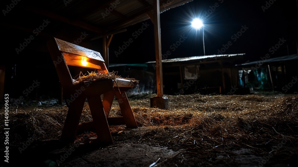 Nighttime Serenity: A Glowing Wooden Bench in a Hay-Filled Stable Nighttime Serenity: A Glowing Wooden Bench in a Hay-Filled Stable