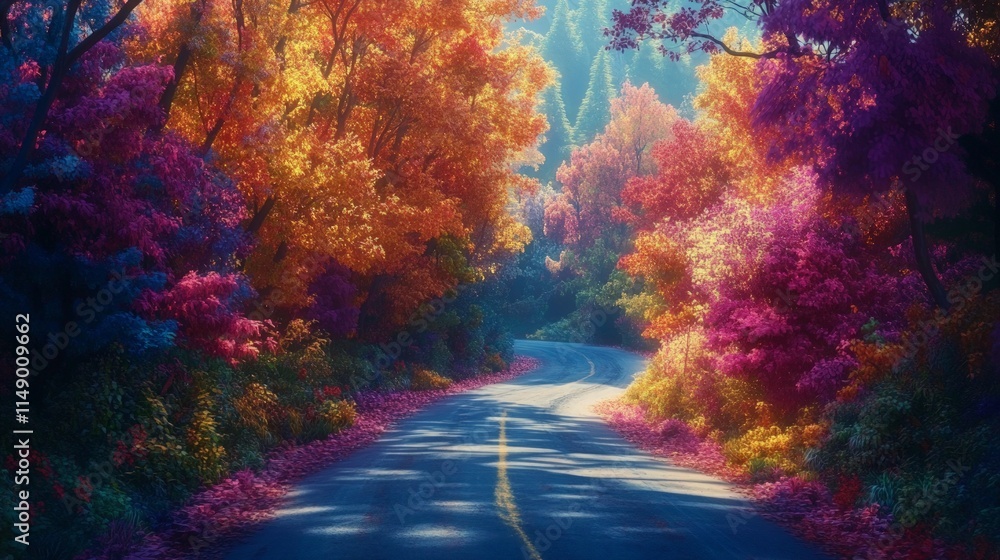 Fototapeta premium Scenic Autumn Road with Vibrant Colorful Foliage on Both Sides