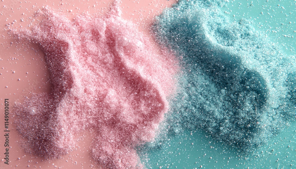 Fototapeta premium Pink and teal glitter powder explosion on contrasting backgrounds