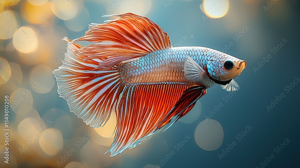A vibrant betta fish showcasing its colorful fins in a blurred underwater setting. A vibrant betta fish showcasing its colorful fins in a blurred underwater setting.
