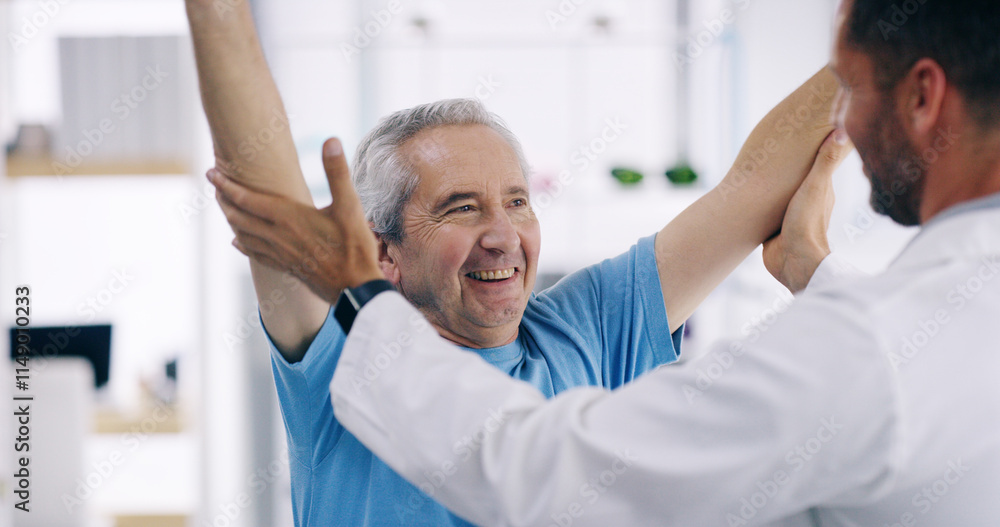 Obraz premium Happy man, elderly patient and stretching with physiotherapist for physical examination, checkup or visit at clinic. Male person, medical worker or client with smile for physiotherapy at hospital
