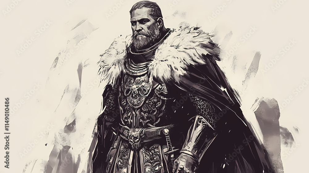 Fototapeta premium Regal warrior in ornate armor and fur cape. Stalwart. Illustration