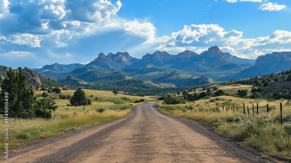 Naklejka premium Scenic Dirt Road Leading Through Serene Mountain Landscape