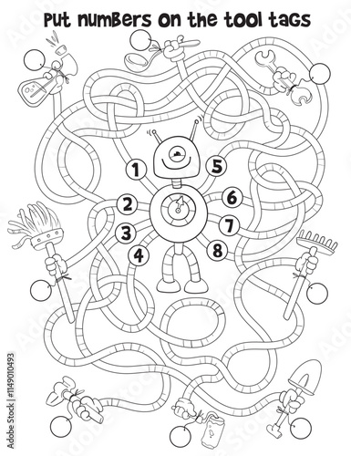 Children logic game to pass the maze. Put numbers on the tool tags. Educational game for kids. Choose right path. Funny cartoon character. Worksheet page. Coloring book