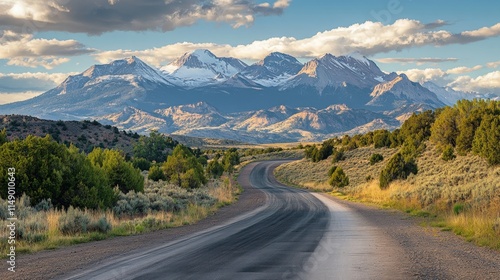 Serene Road Leading to Majestic Snow-Capped Mountain Range