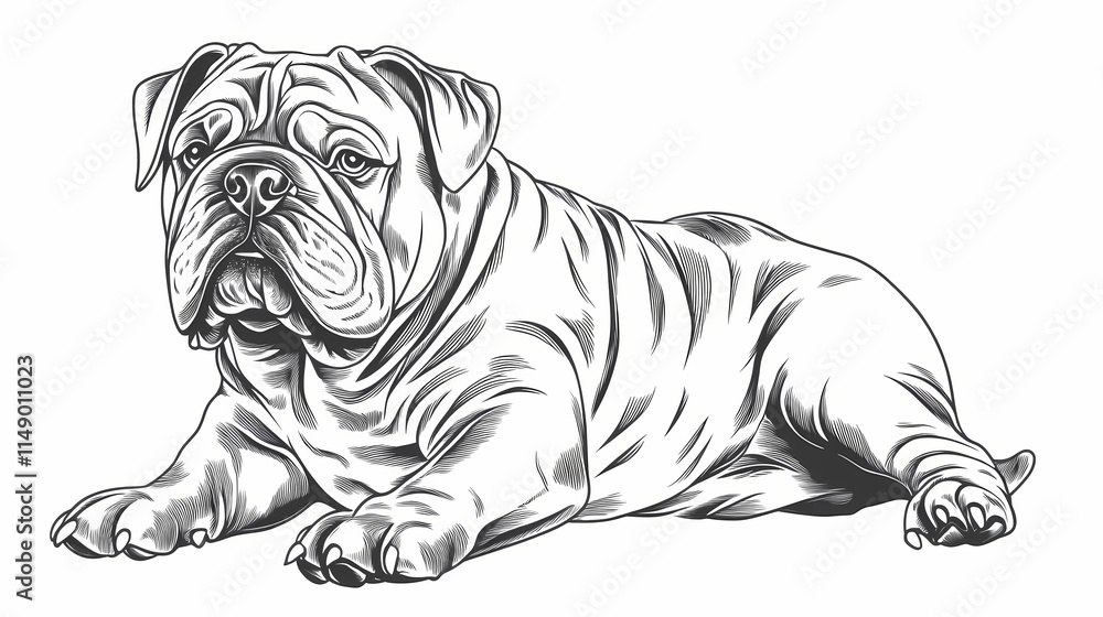 Simple, bold outline of a bulldog's head and body, emphasizing its muscular build, wrinkled face, and stalwart demeanor, set against a clean white background. Stalwart. Illustration Simple, bold outline of a bulldog's head and body, emphasizing its muscular build, wrinkled face, and stalwart demeanor, set against a clean white background. Stalwart. Illustration