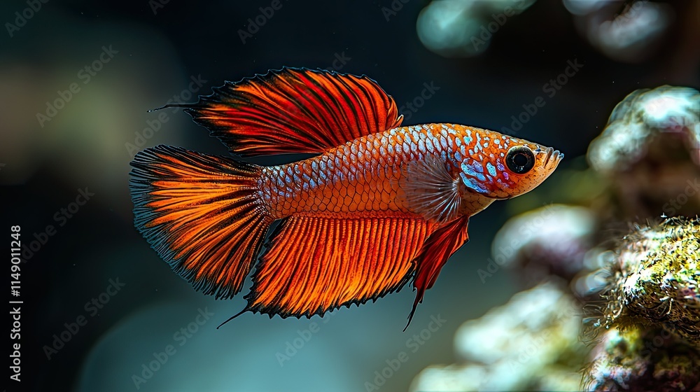 Obraz premium A vibrant betta fish swimming gracefully in a colorful aquatic environment.