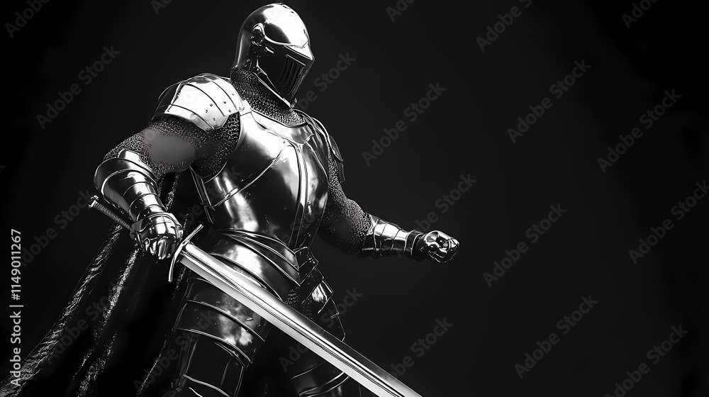 Naklejka premium Stalwart crusader in polished chrome plate stands guard against dark sorcery. Stalwart. Illustration