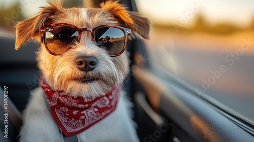 Wallpaper Mural A dog wearing sunglasses and a bandana sits in a car, enjoying a sunny day. Torontodigital.ca