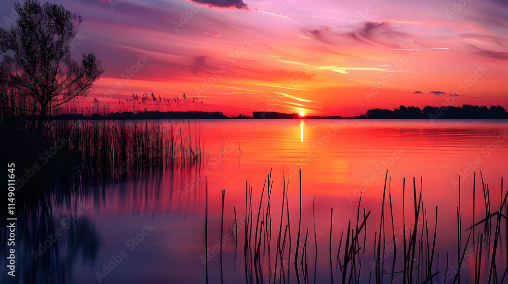 Serene Sunset Over Tranquil Lake with Reflective Waters and Silhouetted Trees: A Moment of Natural Peace and Beauty Serene Sunset Over Tranquil Lake with Reflective Waters and Silhouetted Trees: A Moment of Natural Peace and Beauty