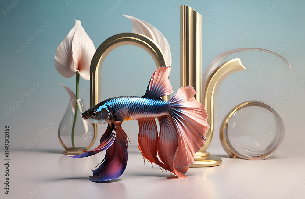 stunning fine art background with azure-red betta fish and design elements. 3D render digital artwork for branding and design . Ai generated