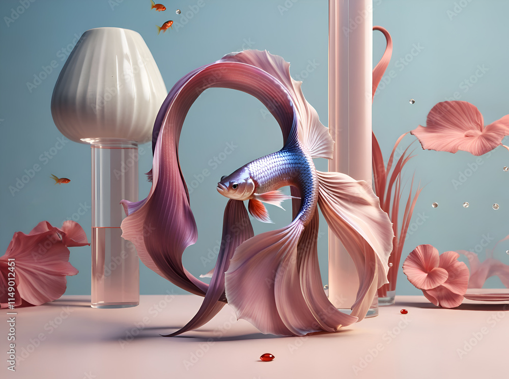 stunning fine art background with azure-red betta fish and design elements. 3D render digital artwork for branding and design . Ai generated