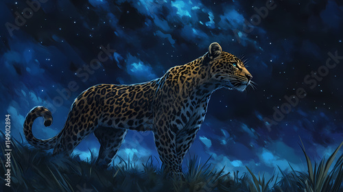 Leopard stands stalwart beneath a stormy night sky. Stalwart. Illustration