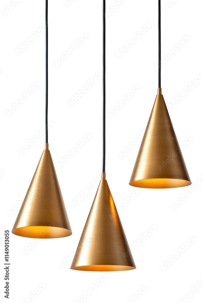 Fototapeta premium Elegant gold cone-shaped pendant lamps with a modern design, featuring sleek black cords and luxurious metallic finish. Perfect for stylish interior lighting. Isolated on transparent background, png.