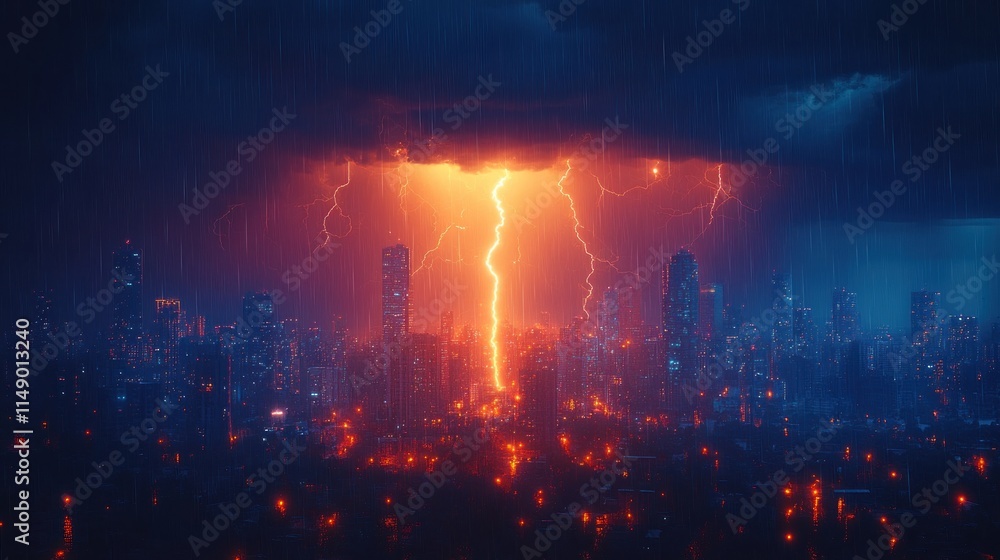 Fototapeta premium A dramatic cityscape illuminated by lightning during a storm, showcasing nature's power.