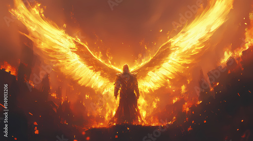 Wallpaper Mural Male celestial warrior angel stands amidst a fiery conflagration with golden wings spread wide. Stalwart. Illustration Torontodigital.ca