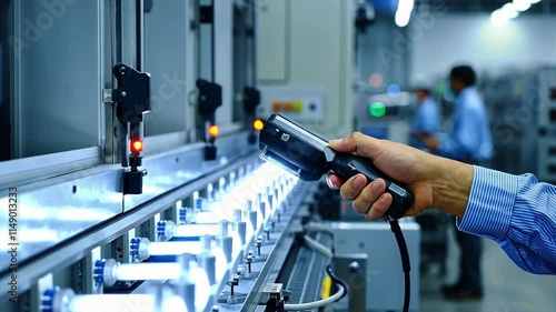 An employee inspecting a finished product under bright lights while a handheld IoT device scans it to retrieve and log final quality checks into a centralized system.