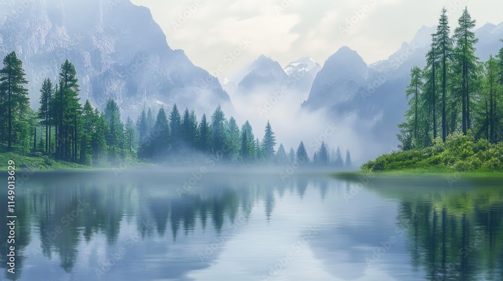 Fototapeta premium Serene Mountain Landscape with Mist and Reflections in Still Water