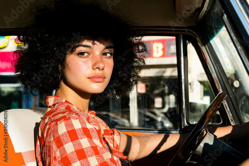 young woman in a gas station, driving a vintage car photo