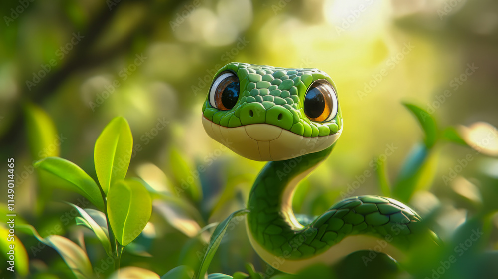 Adorable cartoon green snake in lush jungle setting with big eyes Adorable cartoon green snake in lush jungle setting with big eyes